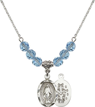 18" Rhodium Plated Necklace with 4mm Aqua Crystal Beads featuring a Sterling Silver Miraculous Medal.