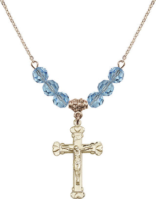 18" Hamilton Gold Plated Necklace with 4mm Aqua Crystal Beads featuring a 14kt Gold Filled Crucifix Medal.