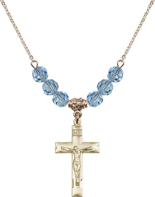 18" Hamilton Gold Plated Necklace with 4mm Aqua Crystal Beads featuring a 14kt Gold Filled Crucifix Medal.