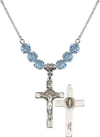 18" Rhodium Plated Necklace with 4mm Aqua Crystal Beads featuring a Sterling Silver Saint Benedict Crucifix Medal.