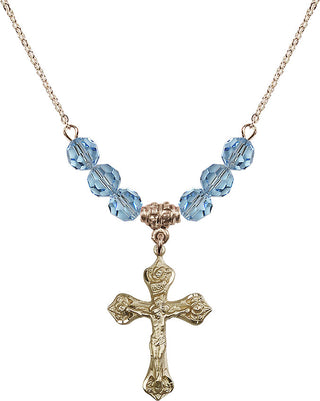 18" Hamilton Gold Plated Necklace with 4mm Aqua Crystal Beads featuring a 14kt Gold Filled Crucifix Medal.