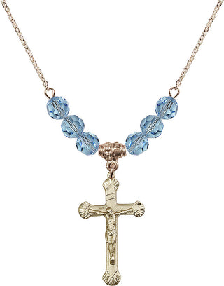 18" Hamilton Gold Plated Necklace with 4mm Aqua Crystal Beads featuring a 14kt Gold Filled Crucifix Medal.