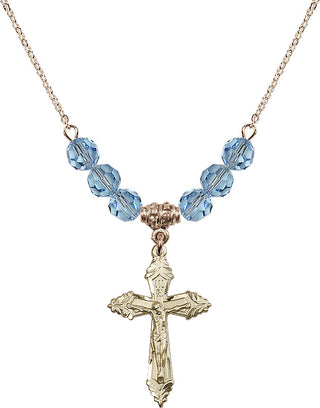18" Hamilton Gold Plated Necklace with 4mm Aqua Crystal Beads featuring a 14kt Gold Filled Crucifix Medal.