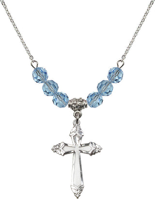 18" Rhodium Plated Necklace with 4mm Aqua Crystal Beads featuring a Sterling Silver Cross Medal.