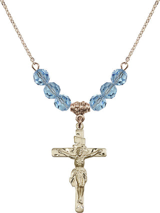 18" Hamilton Gold Plated Necklace with 4mm Aqua Crystal Beads featuring a 14kt Gold Filled Crucifix Medal.