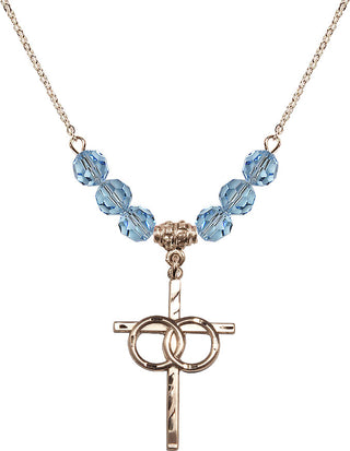 18" Hamilton Gold Plated Necklace with 4mm Aqua Crystal Beads featuring a 14kt Gold Filled Wedding Rings Cross Medal.