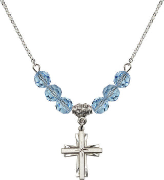 18" Rhodium Plated Necklace with 4mm Aqua Crystal Beads featuring a Sterling Silver Cross Medal.