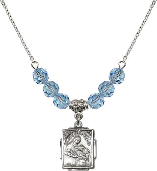 18" Rhodium Plated Necklace with 4mm Aqua Crystal Beads featuring a Sterling Silver Saint Ann Medal. Engraved Catholic Saint Jewelry