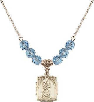 18" Hamilton Gold Plated Necklace with 4mm Aqua Crystal Beads featuring a 14kt Gold Filled Saint Christopher Medal. Engraved Catholic Saint Jewelry