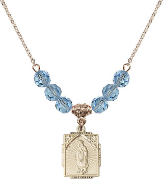 18" Hamilton Gold Plated Necklace with 4mm Aqua Crystal Beads featuring a 14kt Gold Filled Our Lady of Guadalupe Medal. Engraved Catholic Saint Jewelry