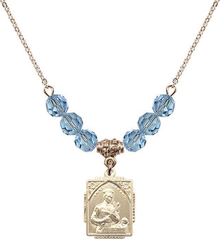 18" Hamilton Gold Plated Necklace with 4mm Aqua Crystal Beads featuring a 14kt Gold Filled Saint Gerard Medal. Engraved Catholic Saint Jewelry