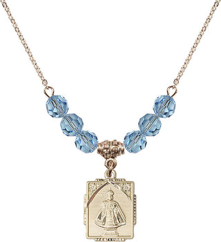 18" Hamilton Gold Plated Necklace with 4mm Aqua Crystal Beads featuring a 14kt Gold Filled Infant of Prague Medal. Engraved Catholic Saint Jewelry