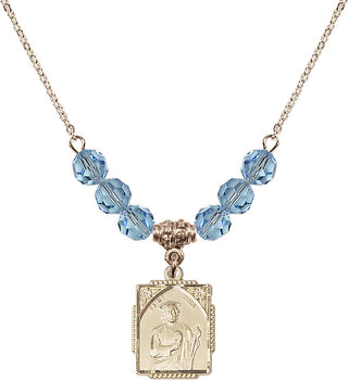 18" Hamilton Gold Plated Necklace with 4mm Aqua Crystal Beads featuring a 14kt Gold Filled Saint Jude Medal. Engraved Catholic Saint Jewelry