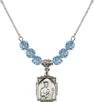 18" Rhodium Plated Necklace with 4mm Aqua Crystal Beads featuring a Sterling Silver Saint Jude Medal. Engraved Catholic Saint Jewelry
