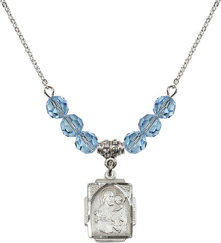 18" Rhodium Plated Necklace with 4mm Aqua Crystal Beads featuring a Sterling Silver Saint Joseph Medal. Engraved Catholic Saint Jewelry