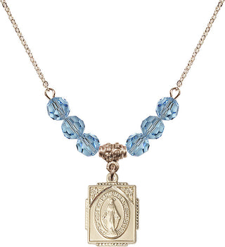 18" Hamilton Gold Plated Necklace with 4mm Aqua Crystal Beads featuring a 14kt Gold Filled Miraculous Medal. Engraved Catholic Saint Jewelry
