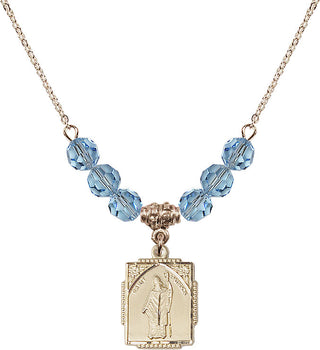 18" Hamilton Gold Plated Necklace with 4mm Aqua Crystal Beads featuring a 14kt Gold Filled Saint Patrick Medal. Engraved Catholic Saint Jewelry