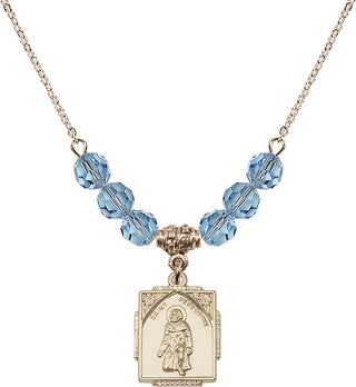 18" Hamilton Gold Plated Necklace with 4mm Aqua Crystal Beads featuring a 14kt Gold Filled Saint Peregrine Medal. Engraved Catholic Saint Jewelry