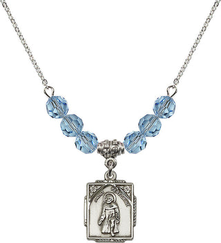18" Rhodium Plated Necklace with 4mm Aqua Crystal Beads featuring a Sterling Silver Saint Peregrine Medal. Engraved Catholic Saint Jewelry
