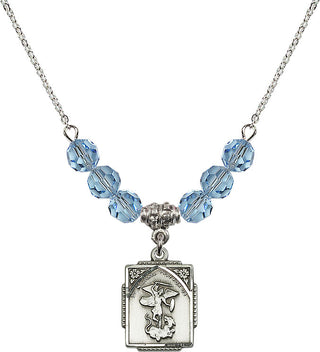 18" Rhodium Plated Necklace with 4mm Aqua Crystal Beads featuring a Sterling Silver Saint Michael the Archangel Medal. Engraved Catholic Saint Jewelry