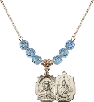 18" Hamilton Gold Plated Necklace with 4mm Aqua Crystal Beads featuring a 14kt Gold Filled Scapular Medal.