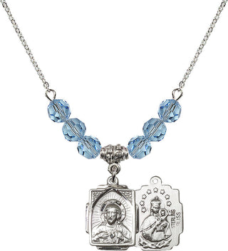 18" Rhodium Plated Necklace with 4mm Aqua Crystal Beads featuring a Sterling Silver Scapular Medal.
