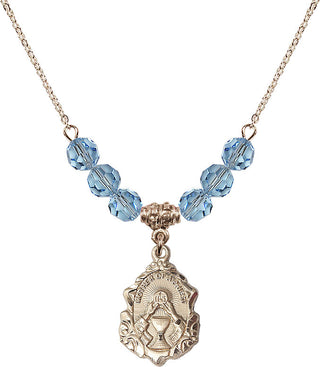18" Hamilton Gold Plated Necklace with 4mm Aqua Crystal Beads featuring a 14kt Gold Filled Mother of a Priest Medal. Engraved Catholic Saint Jewelry