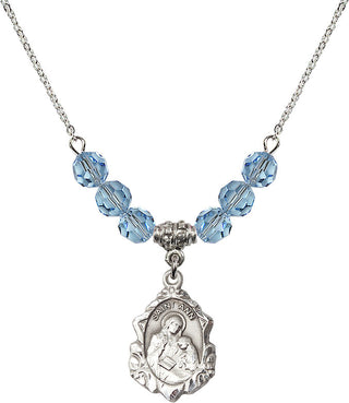 18" Rhodium Plated Necklace with 4mm Aqua Crystal Beads featuring a Sterling Silver Saint Ann Medal. Engraved Catholic Saint Jewelry