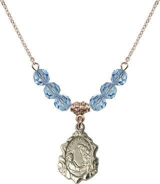 18" Hamilton Gold Plated Necklace with 4mm Aqua Crystal Beads featuring a 14kt Gold Filled Saint Cecilia Medal. Engraved Catholic Saint Jewelry