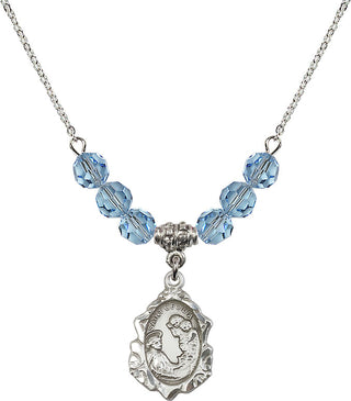 18" Rhodium Plated Necklace with 4mm Aqua Crystal Beads featuring a Sterling Silver Saint Cecilia Medal. Engraved Catholic Saint Jewelry