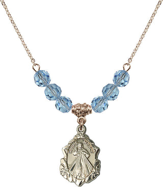 18" Hamilton Gold Plated Necklace with 4mm Aqua Crystal Beads featuring a 14kt Gold Filled Divine Mercy Medal. Engraved Catholic Saint Jewelry