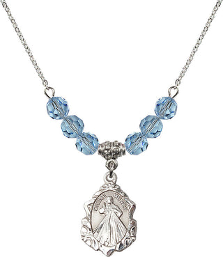 18" Rhodium Plated Necklace with 4mm Aqua Crystal Beads featuring a Sterling Silver Divine Mercy Medal. Engraved Catholic Saint Jewelry