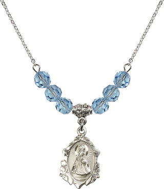 18" Rhodium Plated Necklace with 4mm Aqua Crystal Beads featuring a Sterling Silver Infant of Prague Medal. Engraved Catholic Saint Jewelry