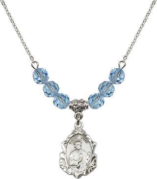 18" Rhodium Plated Necklace with 4mm Aqua Crystal Beads featuring a Sterling Silver Saint Jude Medal. Engraved Catholic Saint Jewelry