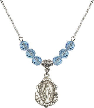 18" Rhodium Plated Necklace with 4mm Aqua Crystal Beads featuring a Sterling Silver Miraculous Medal. Engraved Catholic Saint Jewelry