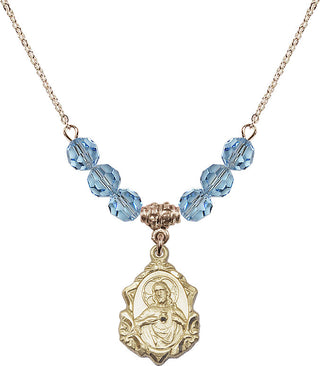 18" Hamilton Gold Plated Necklace with 4mm Aqua Crystal Beads featuring a 14kt Gold Filled Scapular Medal.