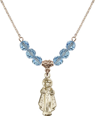 18" Hamilton Gold Plated Necklace with 4mm Aqua Crystal Beads featuring a 14kt Gold Filled Infant of Prague Medal.