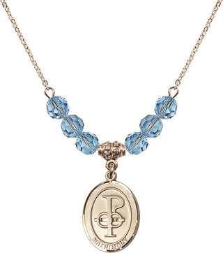 18" Hamilton Gold Plated Necklace with 4mm Aqua Crystal Beads featuring a 14kt Gold Filled Matrimony Medal.