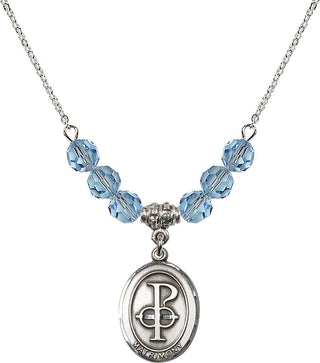 18" Rhodium Plated Necklace with 4mm Aqua Crystal Beads featuring a Sterling Silver Matrimony Medal.