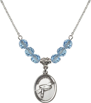 18" Rhodium Plated Necklace with 4mm Aqua Crystal Beads featuring a Sterling Silver Graduation Medal.