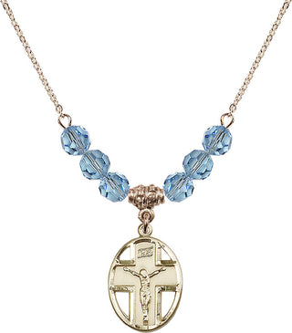 18" Hamilton Gold Plated Necklace with 4mm Aqua Crystal Beads featuring a 14kt Gold Filled Crucifix Medal.