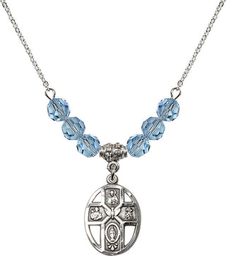 18" Rhodium Plated Necklace with 4mm Aqua Crystal Beads featuring a Sterling Silver 5-Way / Holy Spirit Medal.