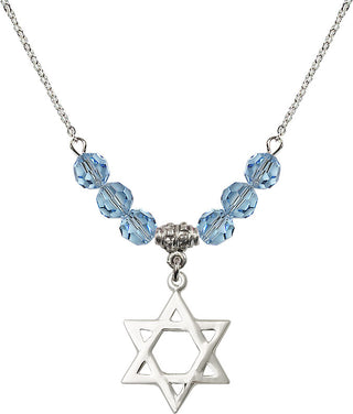 18" Rhodium Plated Necklace with 4mm Aqua Crystal Beads featuring a Sterling Silver Star of David Medal.