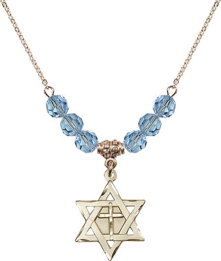 18" Hamilton Gold Plated Necklace with 4mm Aqua Crystal Beads featuring a 14kt Gold Filled Star of David with Cross Medal.