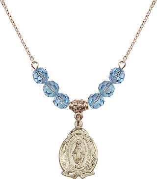 18" Hamilton Gold Plated Necklace with 4mm Aqua Crystal Beads featuring a 14kt Gold Filled Miraculous Medal.