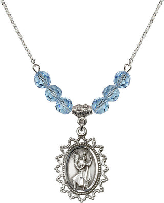18" Rhodium Plated Necklace with 4mm Aqua Crystal Beads featuring a Sterling Silver Saint Christopher Medal.