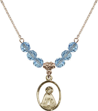 18" Hamilton Gold Plated Necklace with 4mm Aqua Crystal Beads featuring a 14kt Gold Filled Madonna Medal.