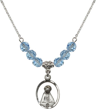 18" Rhodium Plated Necklace with 4mm Aqua Crystal Beads featuring a Sterling Silver Madonna Medal.