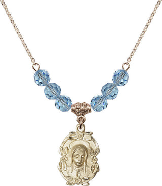 18" Hamilton Gold Plated Necklace with 4mm Aqua Crystal Beads featuring a 14kt Gold Filled Madonna Medal.