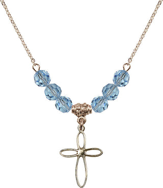 18" Hamilton Gold Plated Necklace with 4mm Aqua Crystal Beads featuring a 14kt Gold Filled Loop Cross Medal.